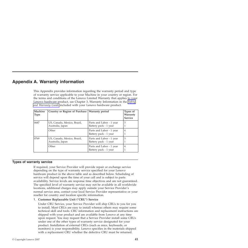Appendix a. warranty information, Types of warranty service, Appendix | Warranty, Information, Types, Service | Lenovo 3000 N200 Notebook User Manual | Page 51 / 70