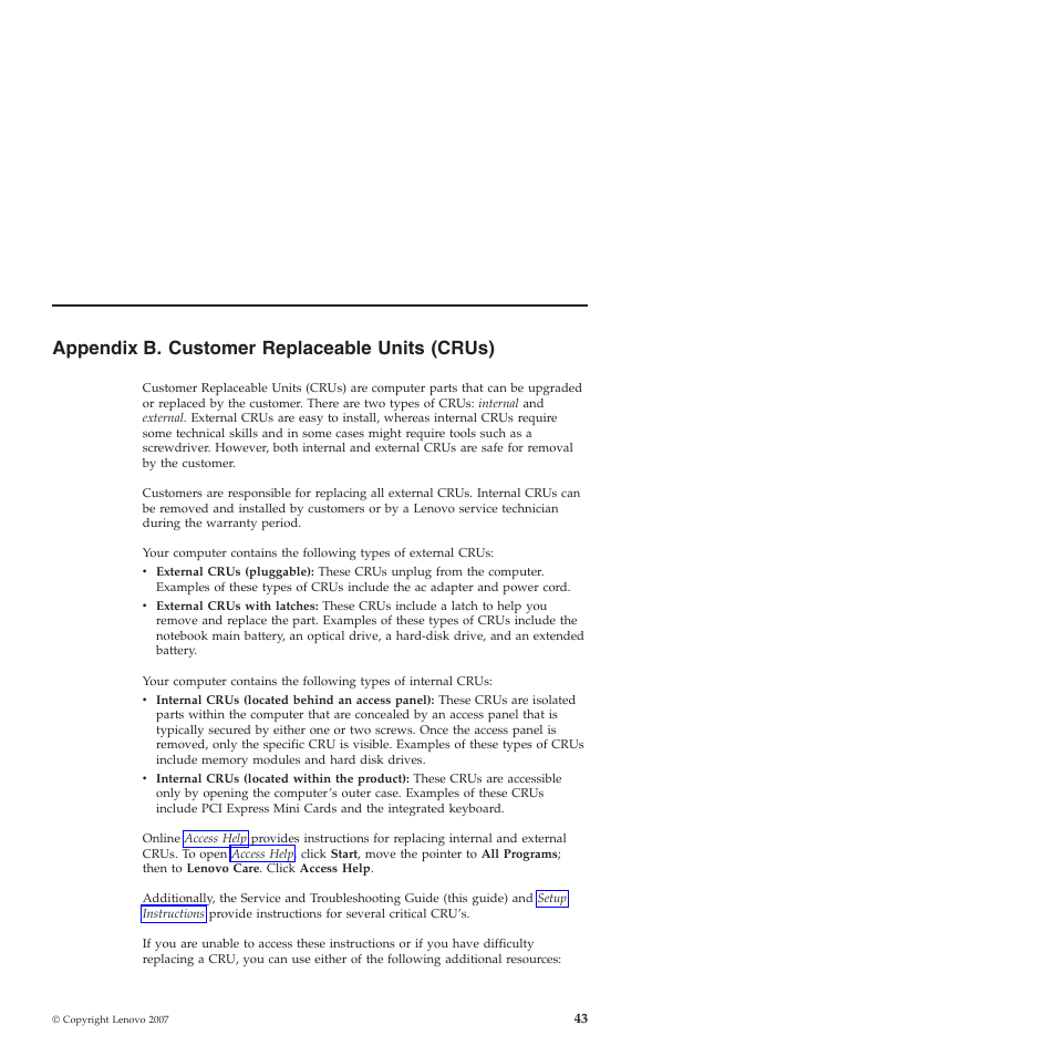 Appendix b. customer replaceable units (crus), Appendix, Customer | Replaceable, Units, Crus), 43of | Lenovo 3000 N200 Notebook User Manual | Page 53 / 70