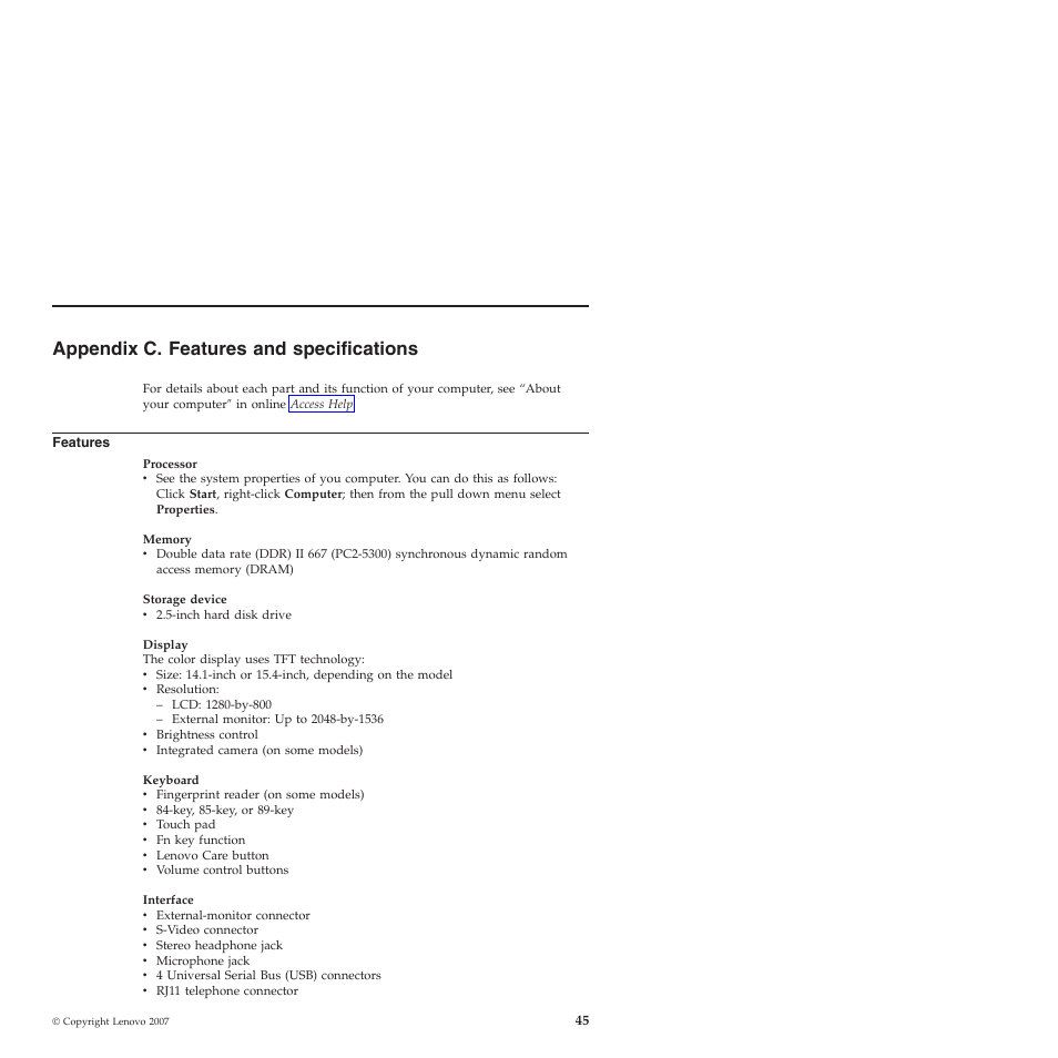 Appendix c. features and specifications, Features, Appendix | Specifications | Lenovo 3000 N200 Notebook User Manual | Page 55 / 70