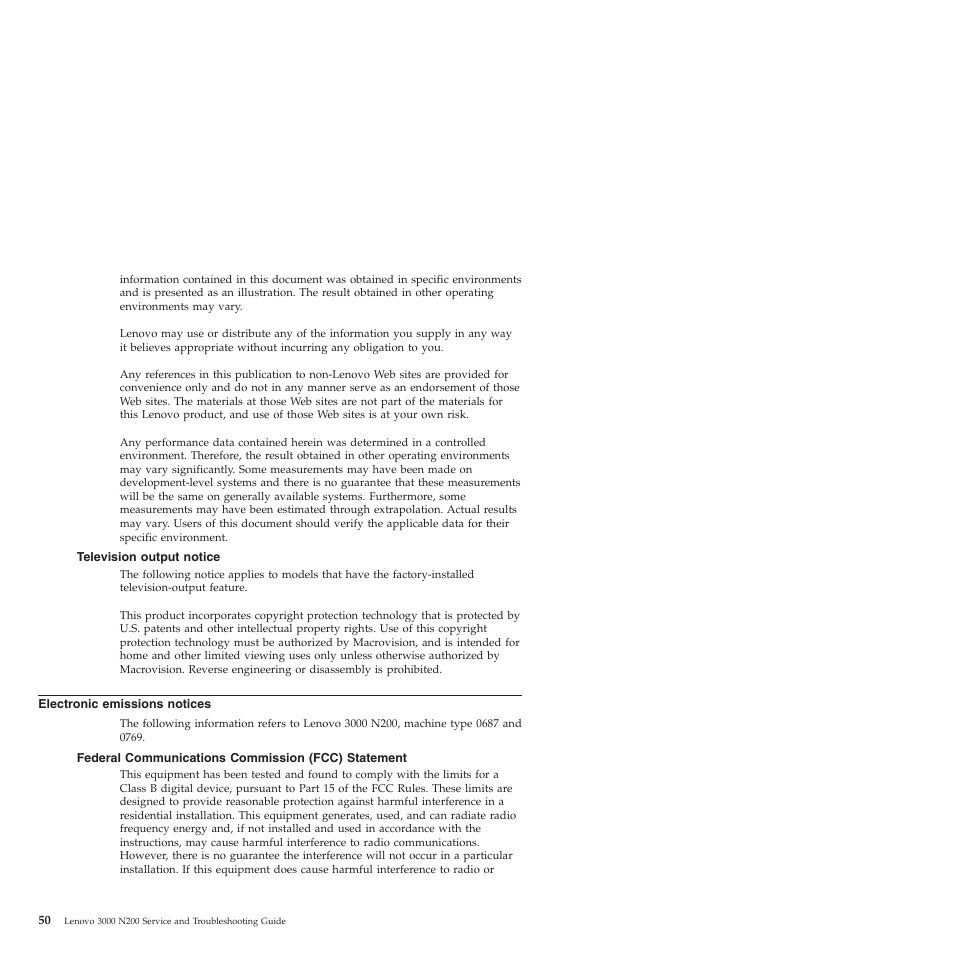 Television output notice, Electronic emissions notices, Federal communications commission (fcc) statement | Television, Output, Notice, Electronic, Emissions, Notices, Federal | Lenovo 3000 N200 Notebook User Manual | Page 60 / 70