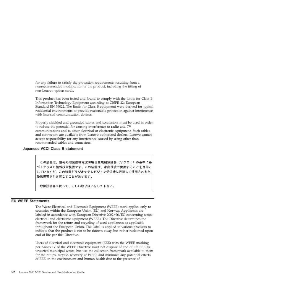 Japanese vcci class b statement, Eu weee statements, Japanese | Vcci, Class, Statement, Weee, Statements | Lenovo 3000 N200 Notebook User Manual | Page 62 / 70