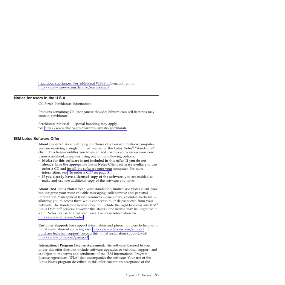 Notice for users in the u.s.a, Ibm lotus software offer, Notice | Users, U.s.a, Lotus, Software, Offer | Lenovo 3000 N200 Notebook User Manual | Page 63 / 70