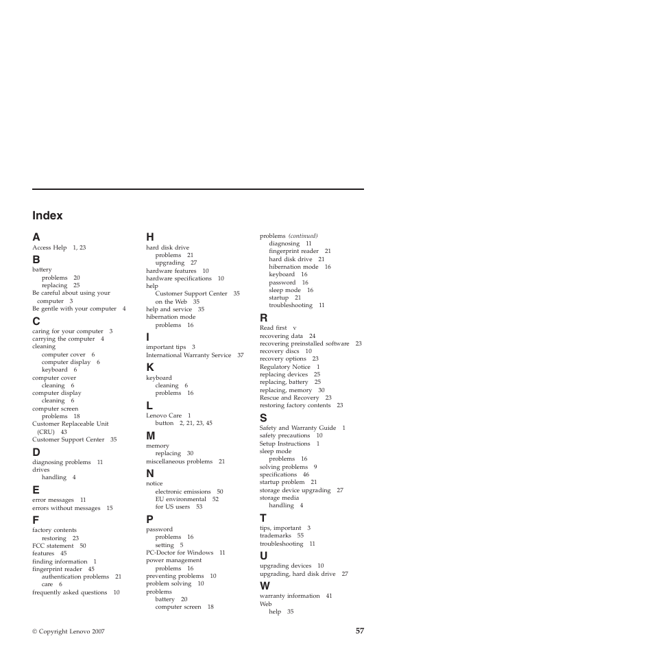 Index | Lenovo 3000 N200 Notebook User Manual | Page 67 / 70