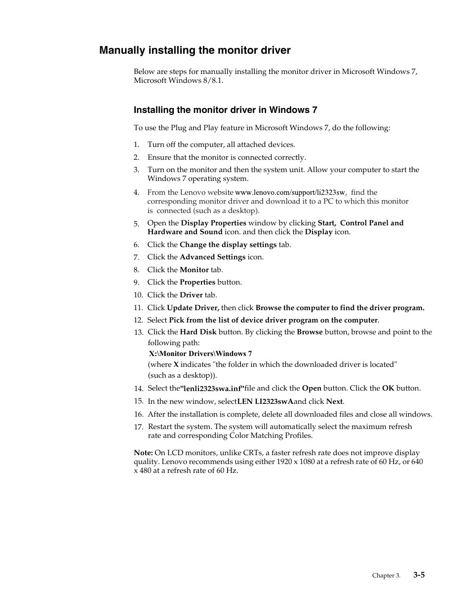 Manually installing the monitor driver, Installing the monitor driver in windows 7, Manually installing the monitor driver -5 | Installing the monitor driver in windows 7 -5 | Lenovo LI2323s Wide LCD Monitor User Manual | Page 26 / 31
