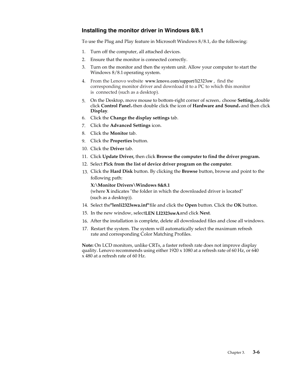 Installing the monitor driver in windows 8/8.1, Installing the monitor driver in windows 8/8.1 -6 | Lenovo LI2323s Wide LCD Monitor User Manual | Page 27 / 31