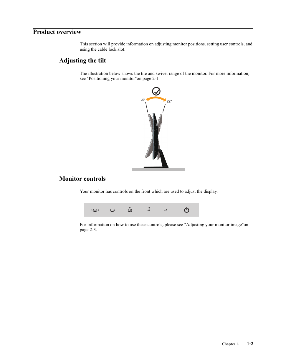 Roduct overview, Adjusting the tilt, Monitor controls | Product overview -2, Adjusting the tilt -2, Monitor controls -2, Product overview | Lenovo LI2323s Wide LCD Monitor User Manual | Page 6 / 31