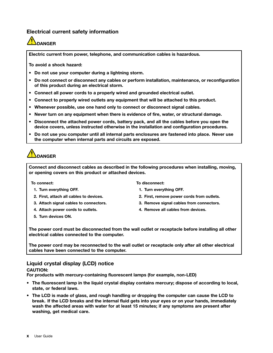 Electrical current safety information, Liquid crystal display (lcd) notice | Lenovo M4400s notebook User Manual | Page 12 / 79