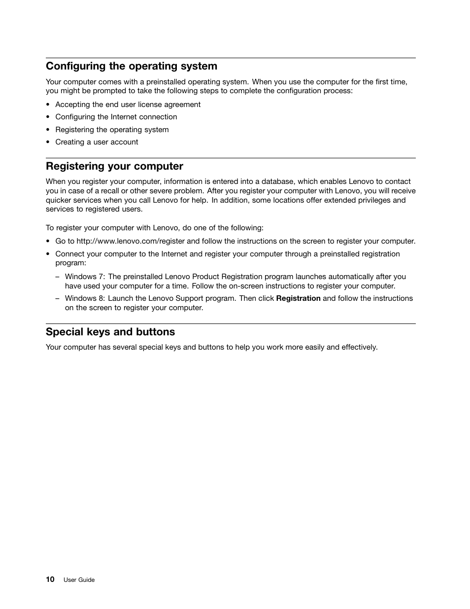 Configuring the operating system, Registering your computer, Special keys and buttons | Lenovo M4400s notebook User Manual | Page 24 / 79