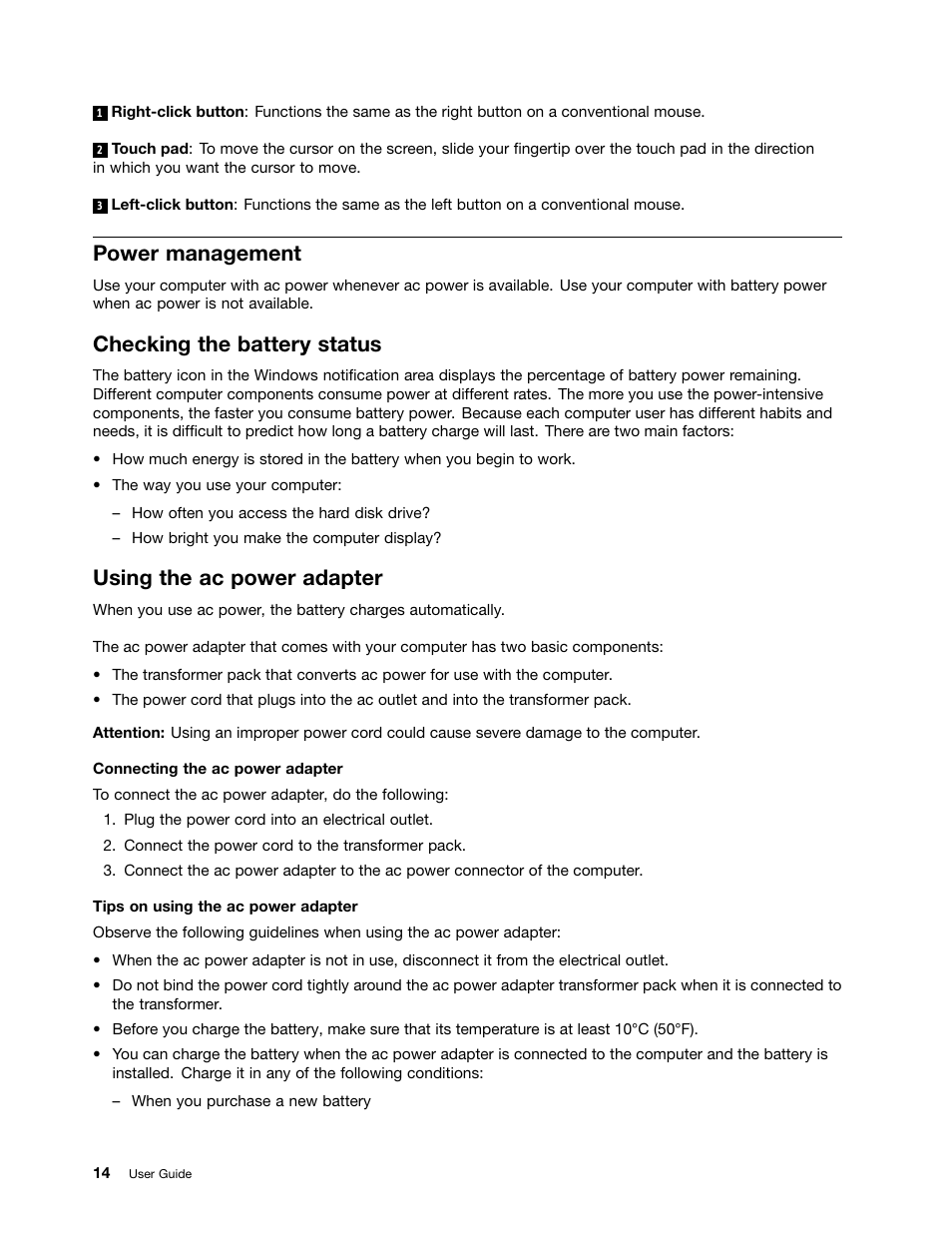 Power management, Checking the battery status, Using the ac power adapter | Lenovo M4400s notebook User Manual | Page 28 / 79