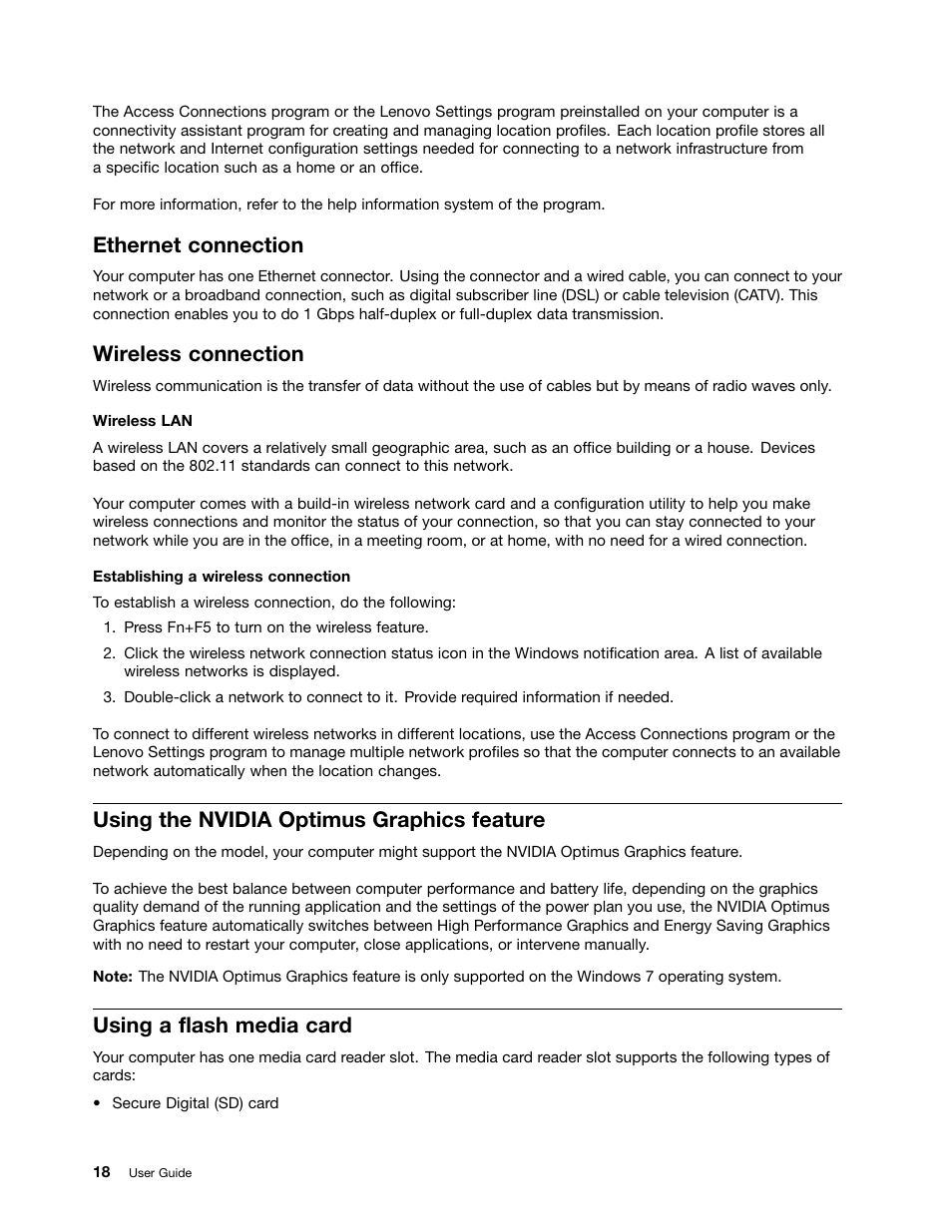 Ethernet connection, Wireless connection, Using the nvidia optimus graphics feature | Using a flash media card | Lenovo M4400s notebook User Manual | Page 32 / 79