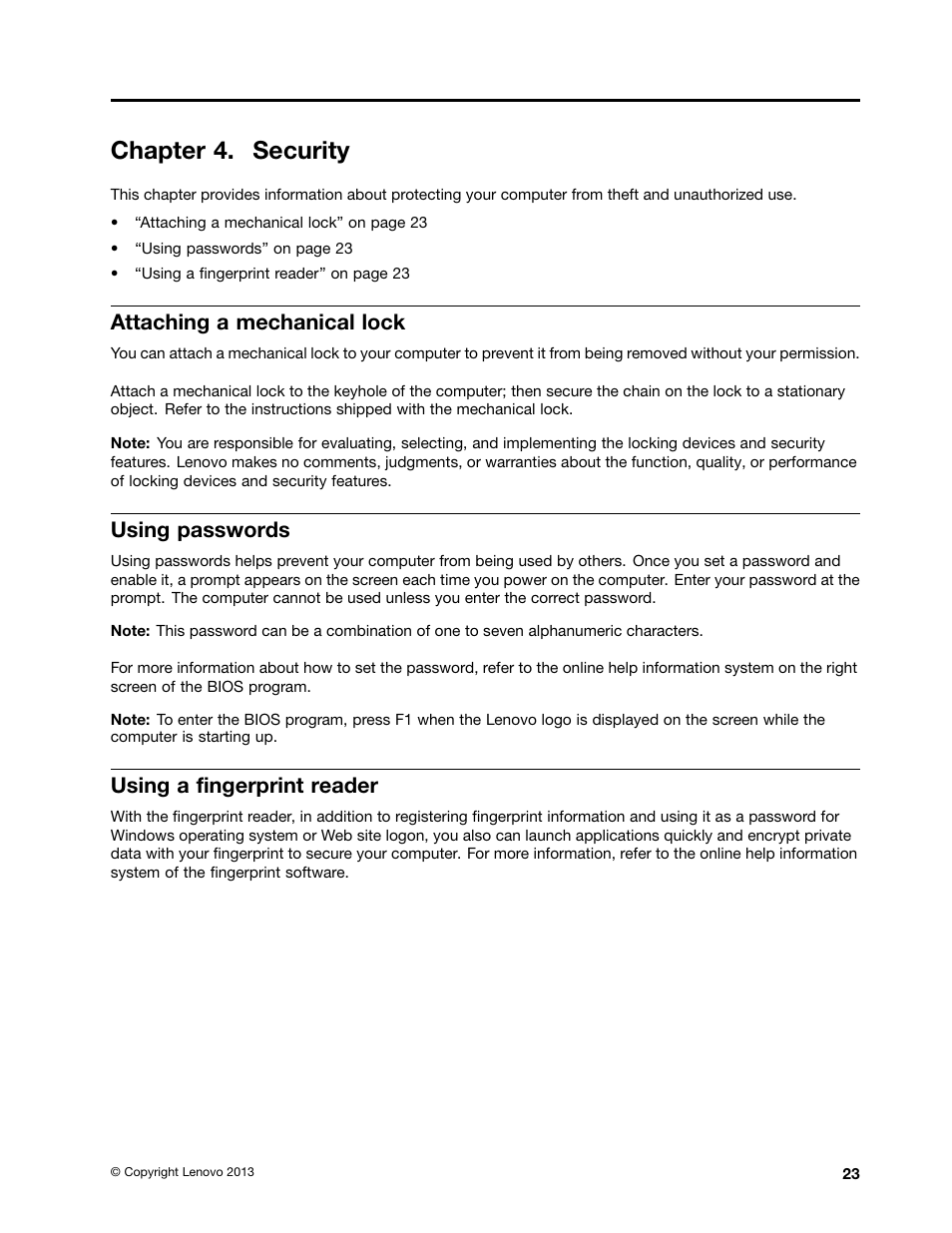 Chapter 4. security, Attaching a mechanical lock, Using passwords | Using a fingerprint reader | Lenovo M4400s notebook User Manual | Page 37 / 79