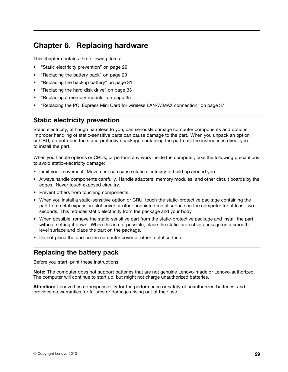 Chapter 6. replacing hardware, Static electricity prevention, Replacing the battery pack | Lenovo M4400s notebook User Manual | Page 43 / 79