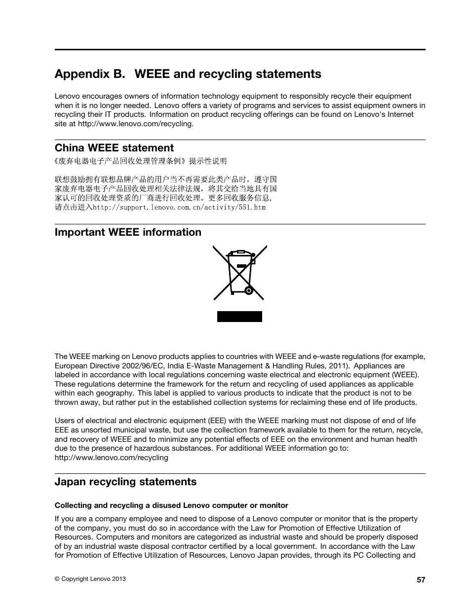 Appendix b. weee and recycling statements, China weee statement, Important weee information | Japan recycling statements, China weee statement important weee information | Lenovo M4400s notebook User Manual | Page 71 / 79