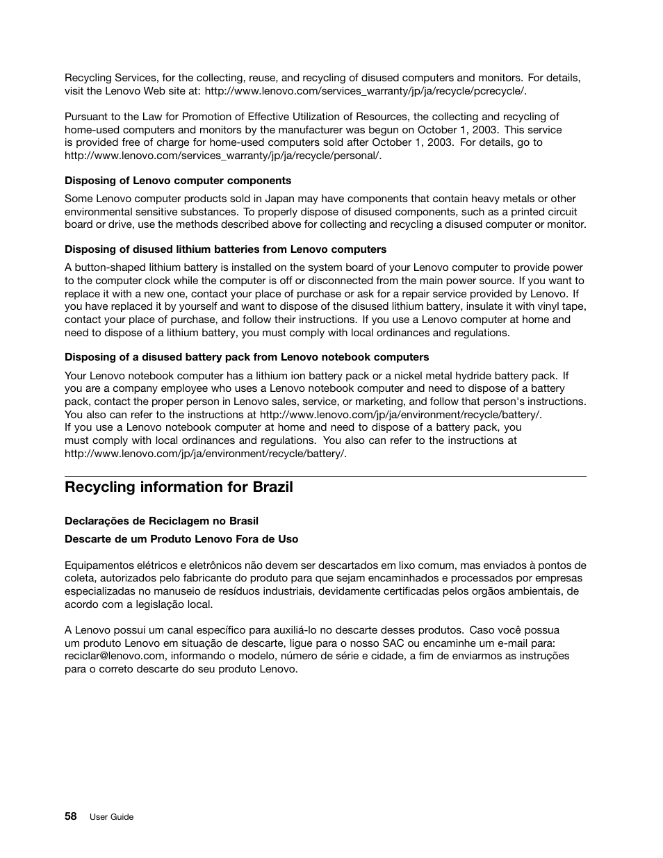 Recycling information for brazil | Lenovo M4400s notebook User Manual | Page 72 / 79