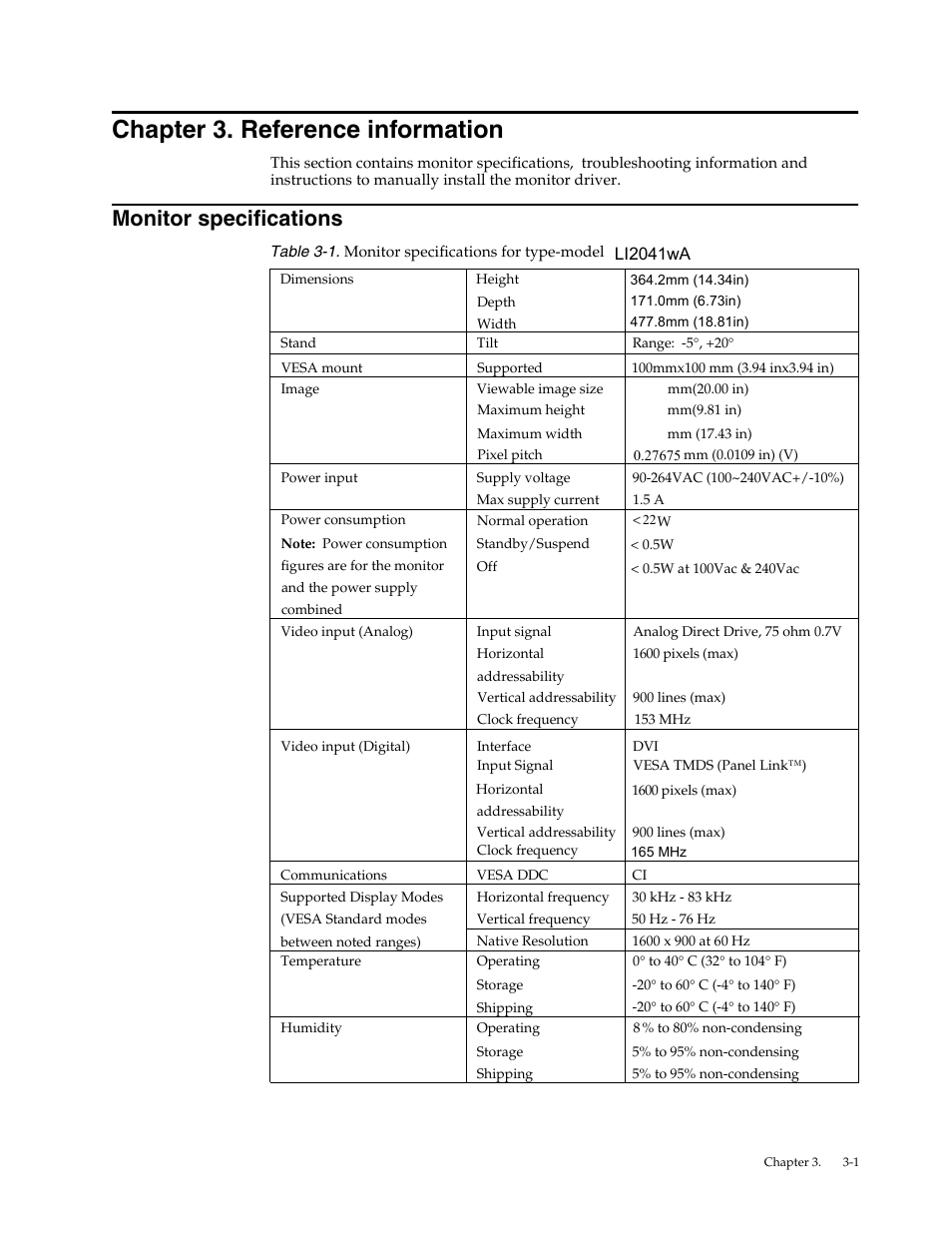Chapter 3. reference information, Monitor specifications, Monitor specifications -1 | Lenovo LI2041 Wide LCD Monitor User Manual | Page 19 / 27