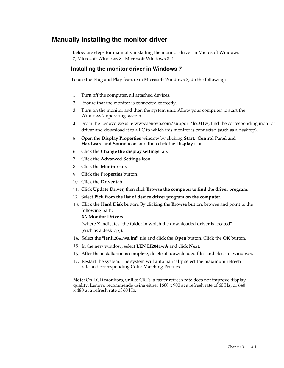 Manually installing the monitor driver, Installing the monitor driver in windows 7 | Lenovo LI2041 Wide LCD Monitor User Manual | Page 22 / 27