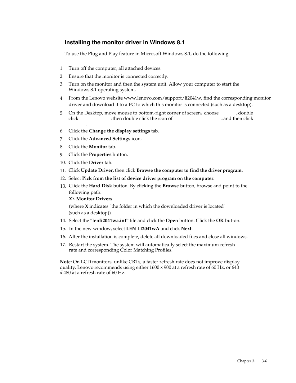 Installing the monitor driver in windows 8.1, Installing the monitor driver in windows 8.1 -6 | Lenovo LI2041 Wide LCD Monitor User Manual | Page 24 / 27