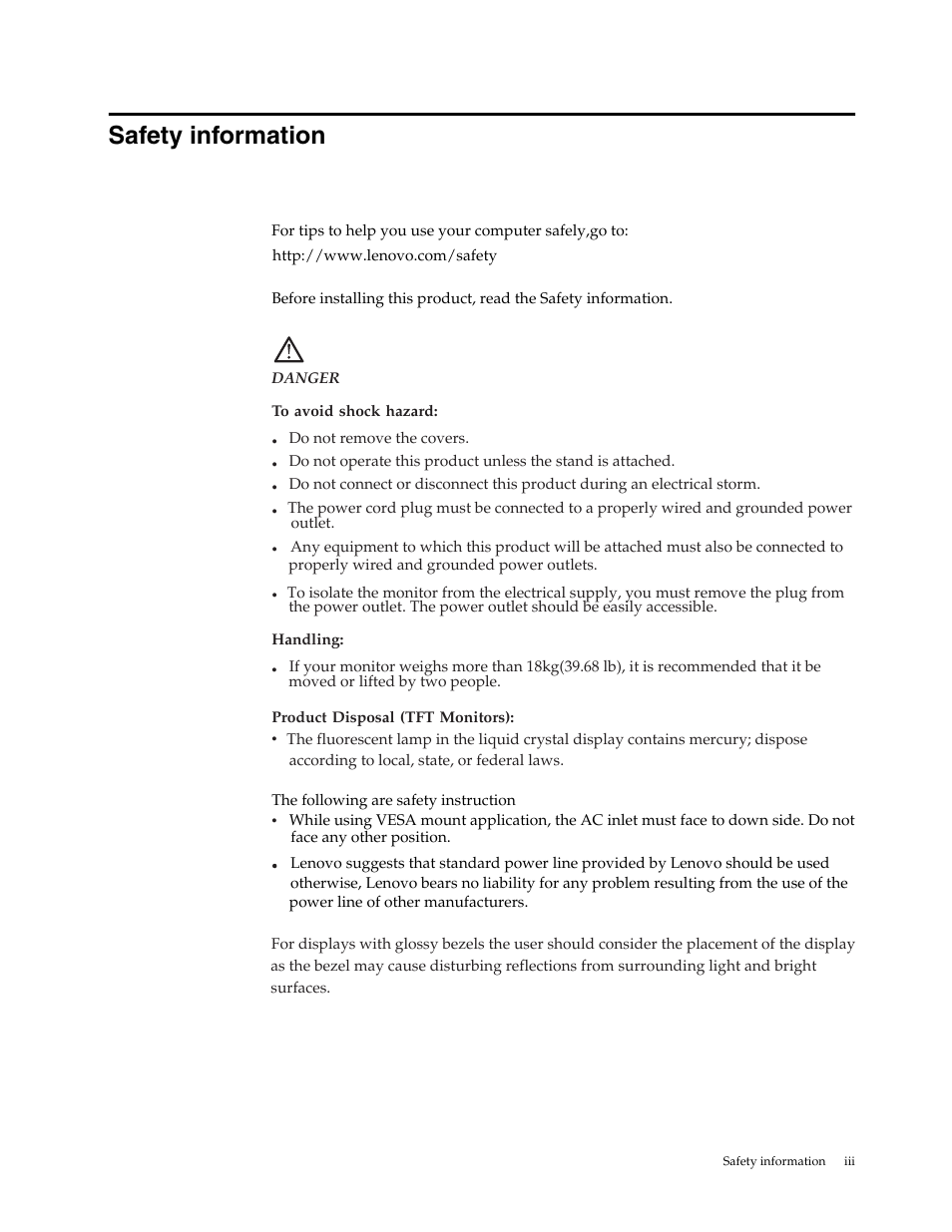 Safety information, General safety guidelines | Lenovo LI2041 Wide LCD Monitor User Manual | Page 4 / 27