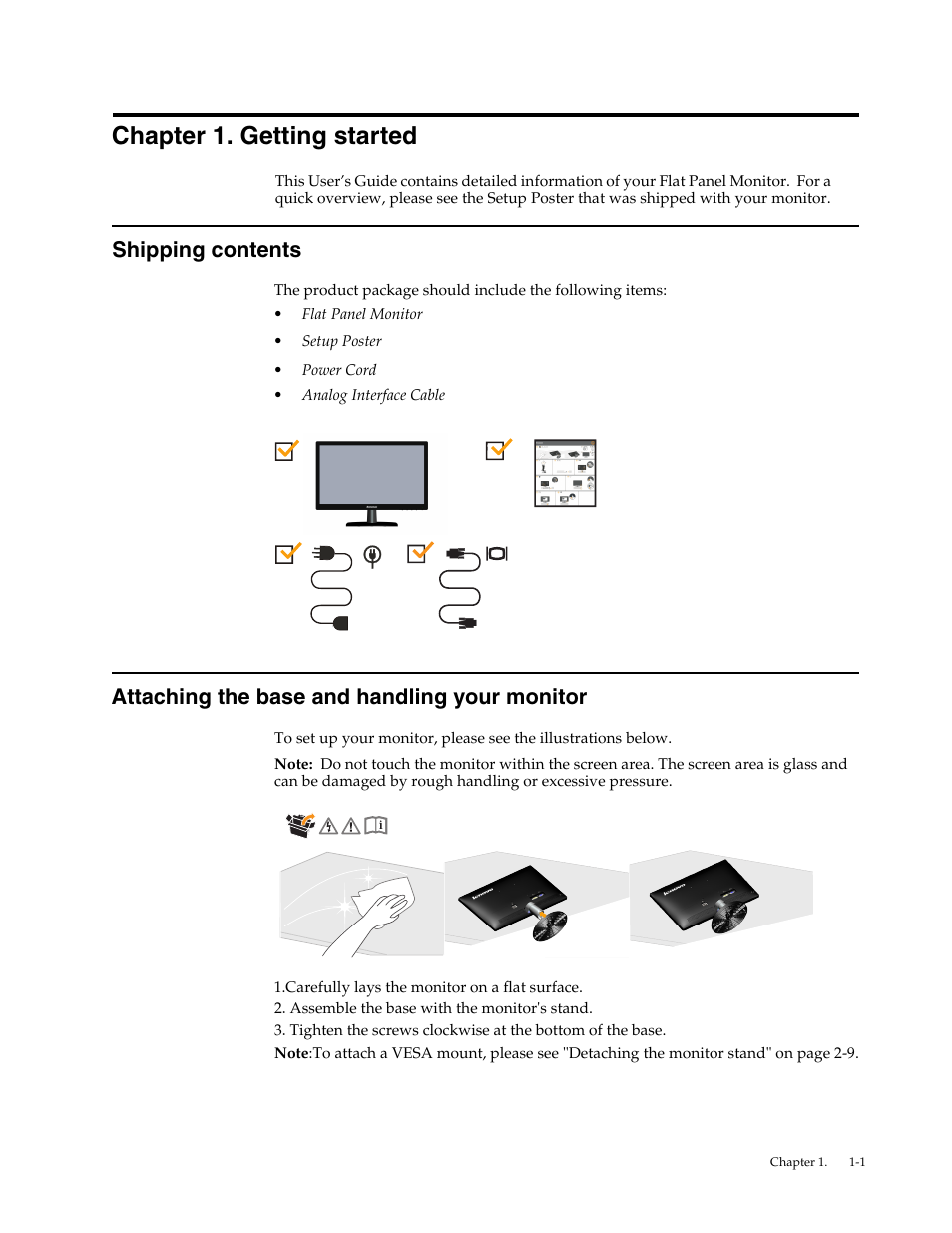 Chapter 1. getting started, Shipping contents, Attaching the base and handling your monitor | Chapter1. getting started | Lenovo LI2041 Wide LCD Monitor User Manual | Page 5 / 27