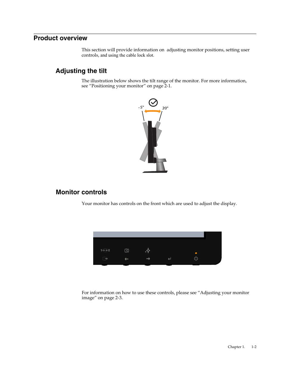 Product overview, Adjusting the tilt, Monitor controls | Adjusting the tilt -2 | Lenovo LI2041 Wide LCD Monitor User Manual | Page 6 / 27