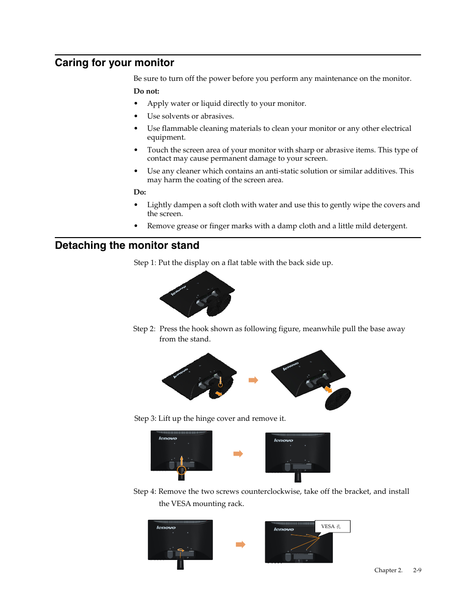 Caring for your monitor, Detaching the monitor stand, Detaching the monitor stand -9 | Lenovo LI1931e Wide LCD Monitor User Manual | Page 18 / 28
