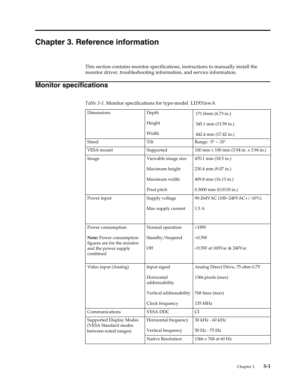 Chapter 3. reference information, Monitor specifications, Monitor specifications -1 | Lenovo LI1931e Wide LCD Monitor User Manual | Page 19 / 28