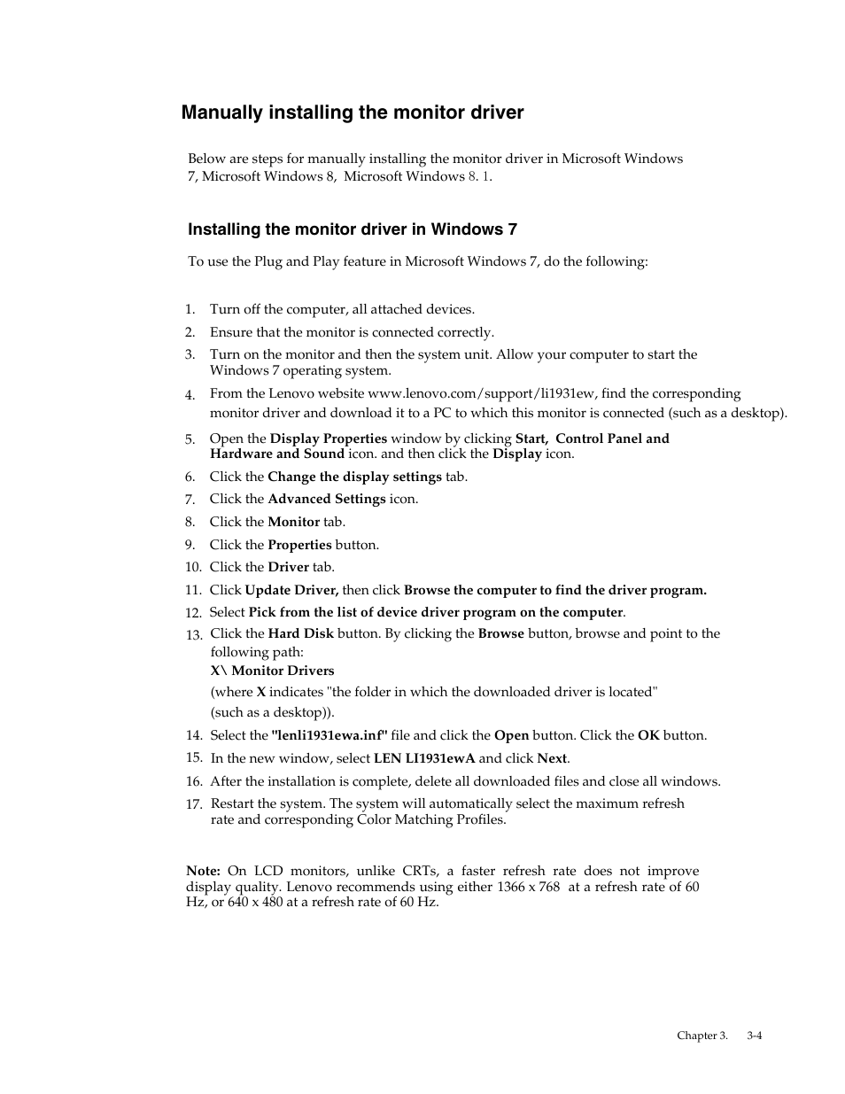 Manually installing the monitor driver, Installing the monitor driver in windows 7 | Lenovo LI1931e Wide LCD Monitor User Manual | Page 23 / 28