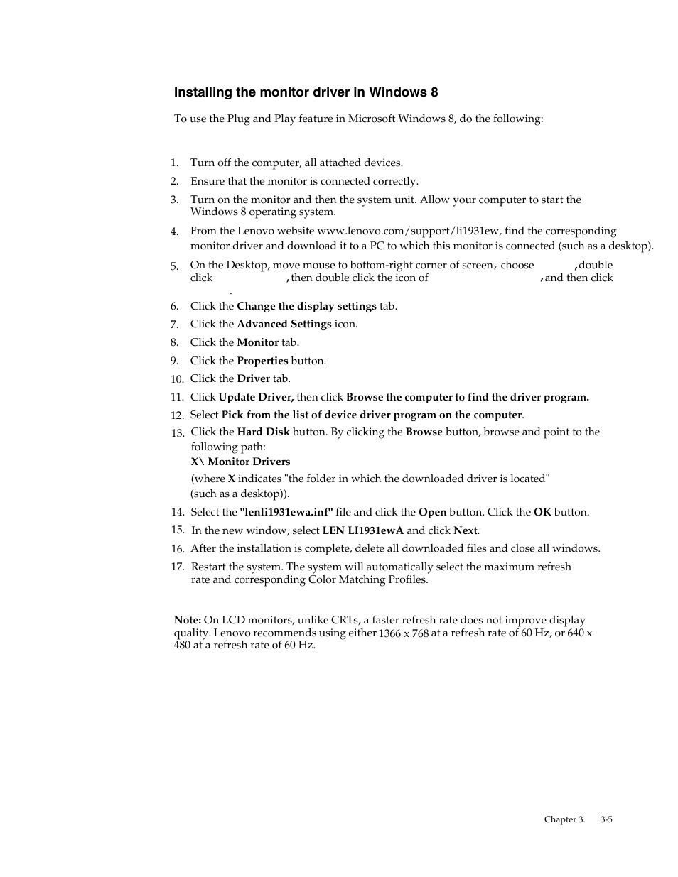 Installing the monitor driver in windows 8 | Lenovo LI1931e Wide LCD Monitor User Manual | Page 24 / 28