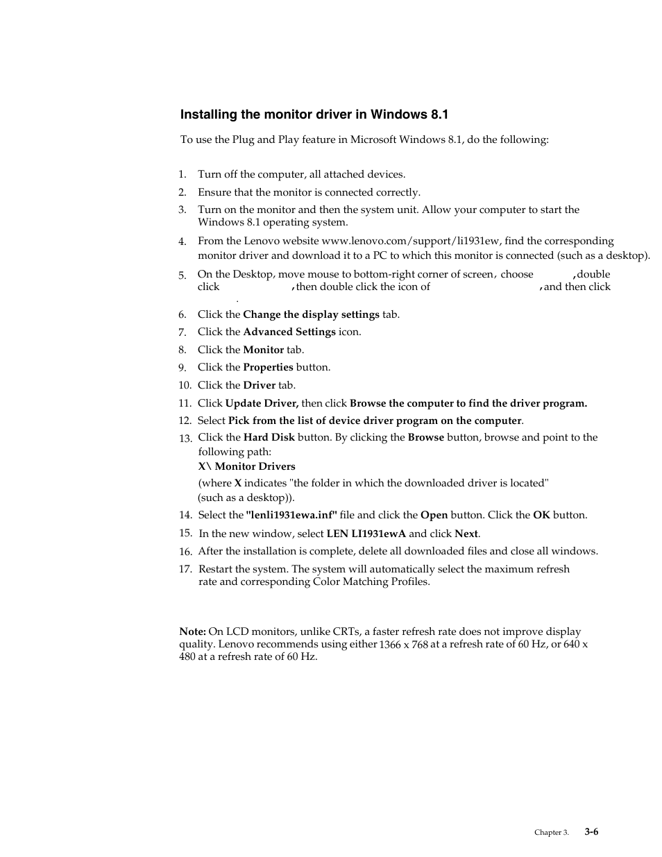 Installing the monitor driver in windows 8.1, Installing the monitor driver in windows 8.1 -6 | Lenovo LI1931e Wide LCD Monitor User Manual | Page 25 / 28