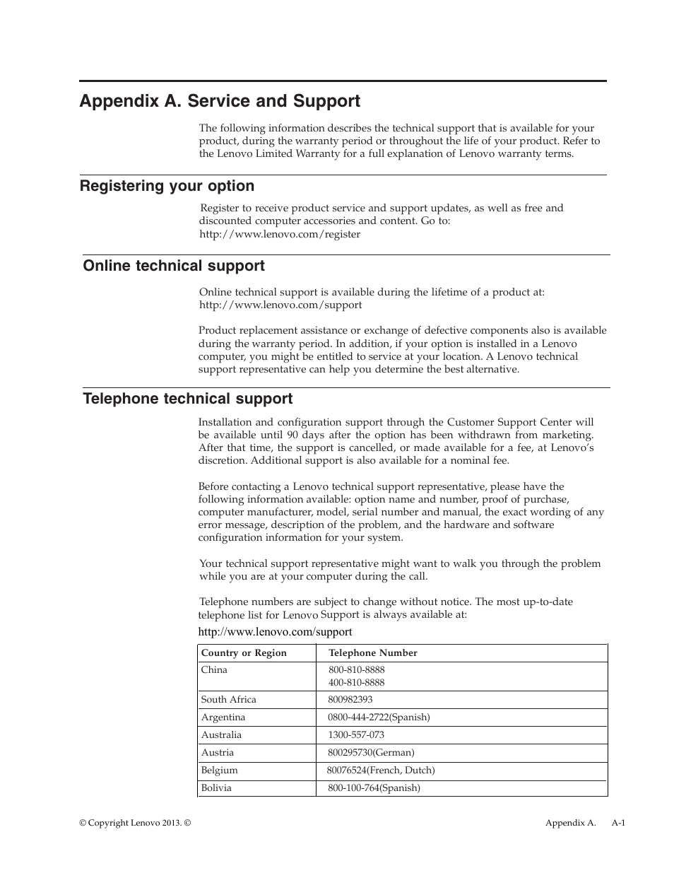 Appendix a. service and support, Registering your option, Online technical support | Telephone technical support, A -1 | Lenovo LI1931e Wide LCD Monitor User Manual | Page 26 / 28