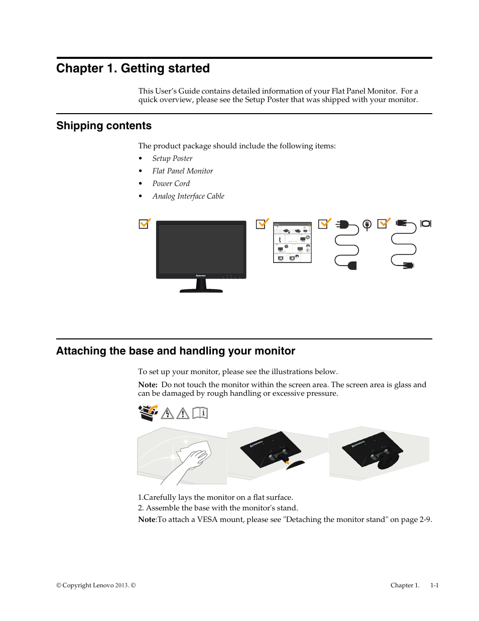 Chapter 1. getting started, Shipping contents, Attaching the base and handling your monitor | Chapter1. getting started, Attaching the base and handling your monitor -1 | Lenovo LI1931e Wide LCD Monitor User Manual | Page 5 / 28