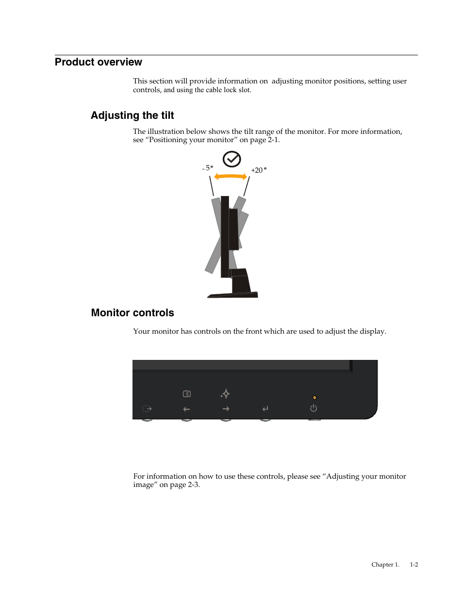 Product overview, Adjusting the tilt, Monitor controls | Adjusting the tilt -2 | Lenovo LI1931e Wide LCD Monitor User Manual | Page 6 / 28