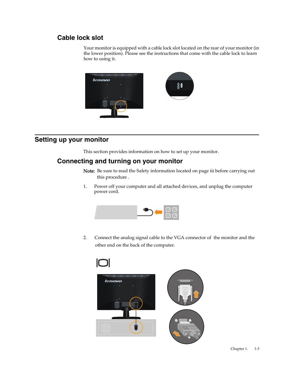 Cable lock slot, Setting up your monitor, Connecting and turning on your monitor | Cable lock slot -3, Setting up your monitor - 3, Setting up y our monitor | Lenovo LI1931e Wide LCD Monitor User Manual | Page 7 / 28