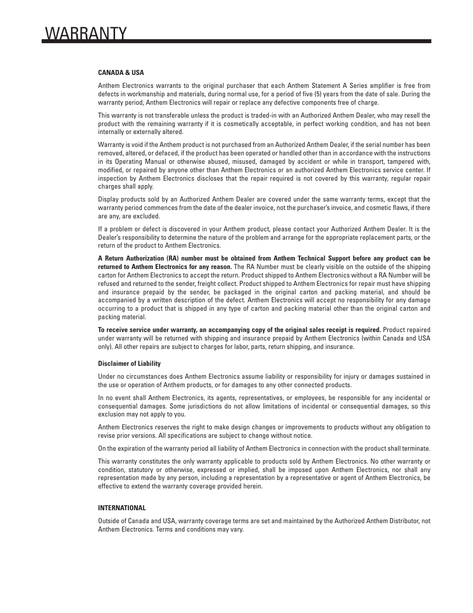 Warranty | Anthem Audio STATEMENT A2 User Manual | Page 9 / 10