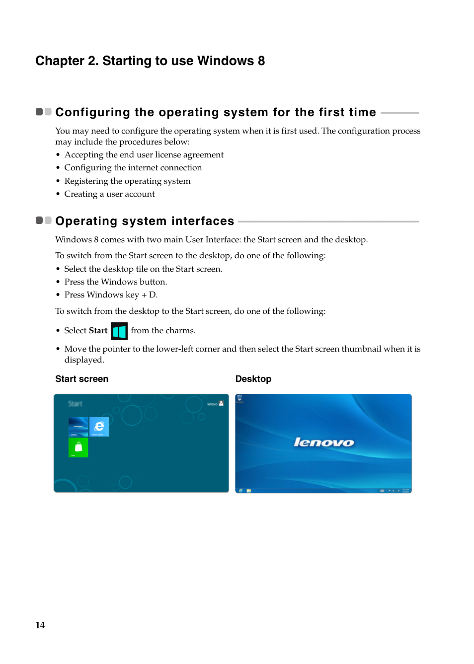 Chapter 2. starting to use windows 8, Operating system interfaces | Lenovo Yoga 11s Notebook IdeaPad User Manual | Page 18 / 37