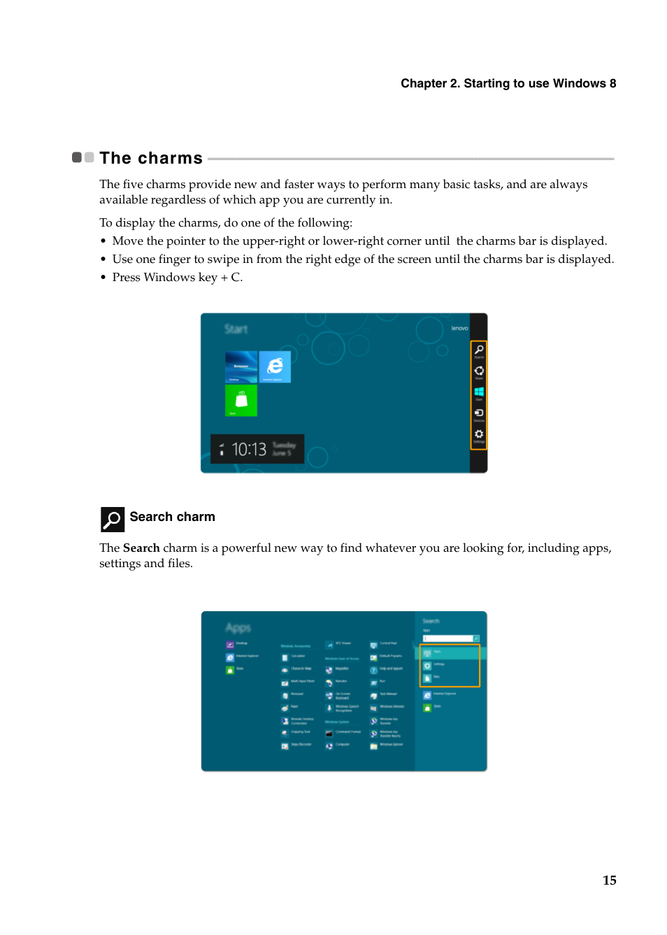 The charms | Lenovo Yoga 11s Notebook IdeaPad User Manual | Page 19 / 37