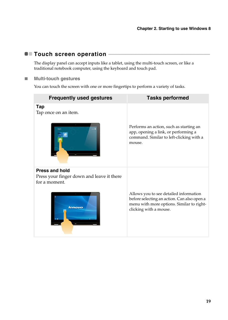 Touch screen operation | Lenovo Yoga 11s Notebook IdeaPad User Manual | Page 23 / 37