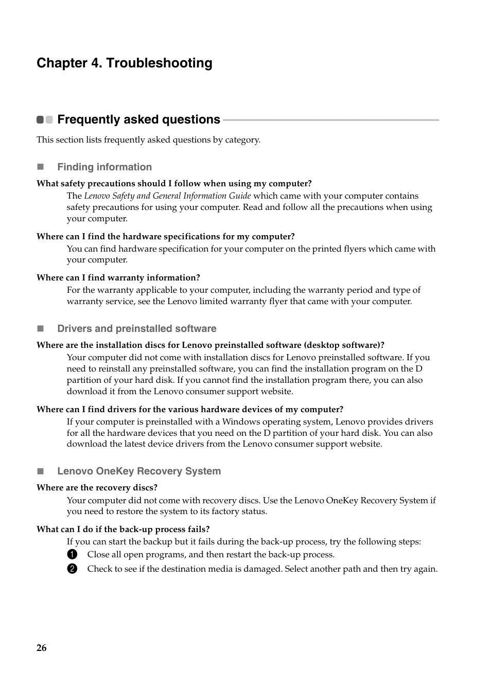 Chapter 4. troubleshooting, Frequently asked questions | Lenovo Yoga 11s Notebook IdeaPad User Manual | Page 30 / 37