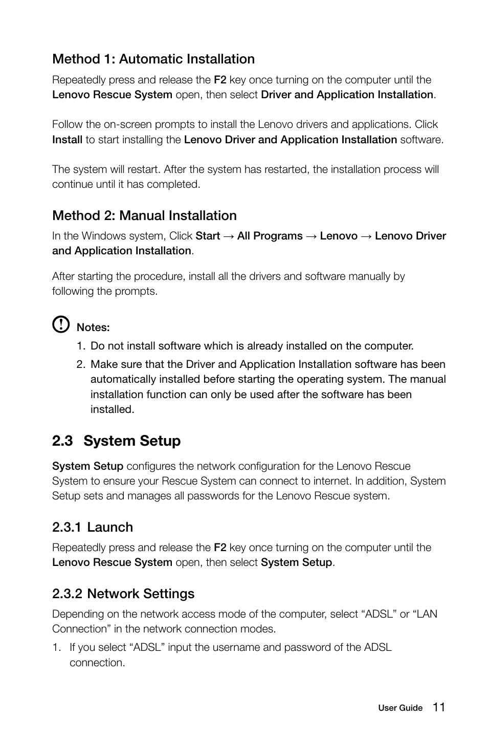 3 system setup, C.c system setup, Method 1: automatic installation | Method 2: manual installation, 1 launch, 2 network settings | Lenovo E50-00 Desktop User Manual | Page 16 / 43