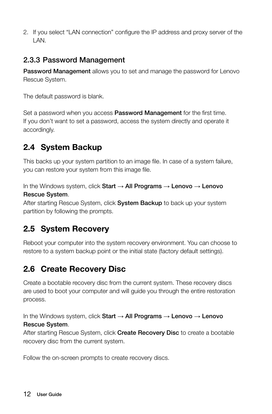 4 system backup, 5 system recovery, 6 create recovery disc | C.c system backup, C.5 system recovery, C.6 create recovery disc, 3 password management | Lenovo E50-00 Desktop User Manual | Page 17 / 43