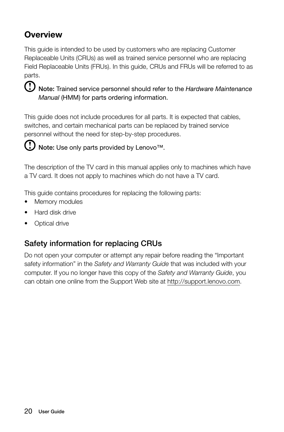 Overview, Safety information for replacing crus | Lenovo E50-00 Desktop User Manual | Page 25 / 43