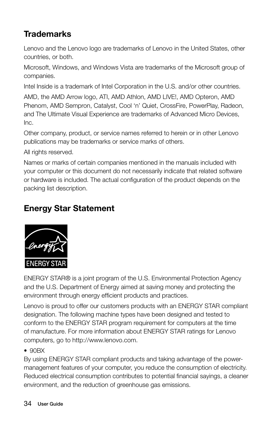 Trademarks, Energy star statement | Lenovo E50-00 Desktop User Manual | Page 39 / 43