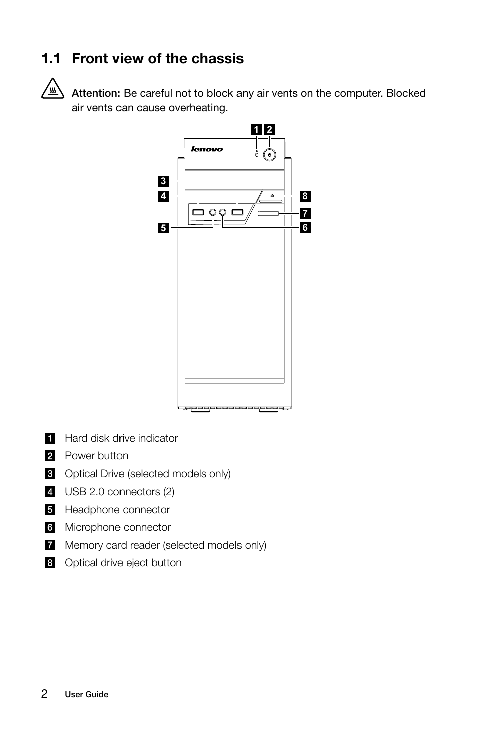 1 front view of the chassis, C.c front view of the chassis | Lenovo E50-00 Desktop User Manual | Page 7 / 43