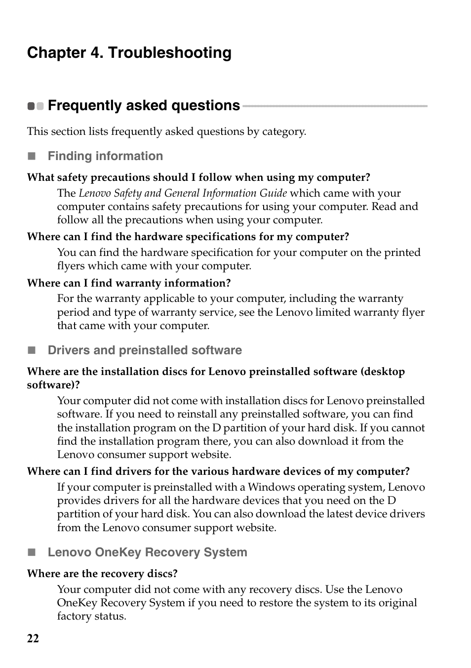 Chapter 4. troubleshooting, Frequently asked questions | Lenovo G700 Notebook User Manual | Page 26 / 45