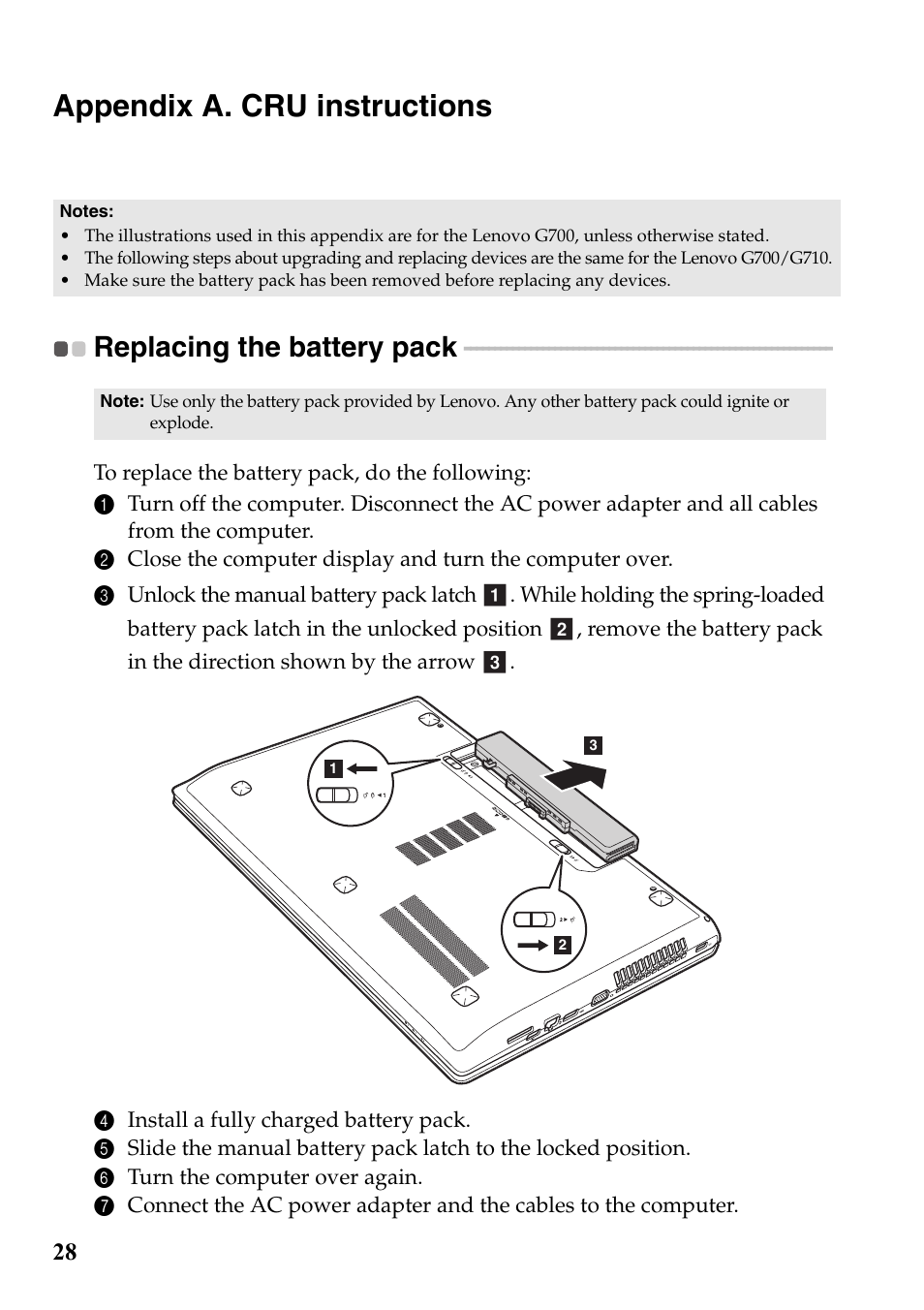 Appendix a. cru instructions, Replacing the battery pack | Lenovo G700 Notebook User Manual | Page 32 / 45