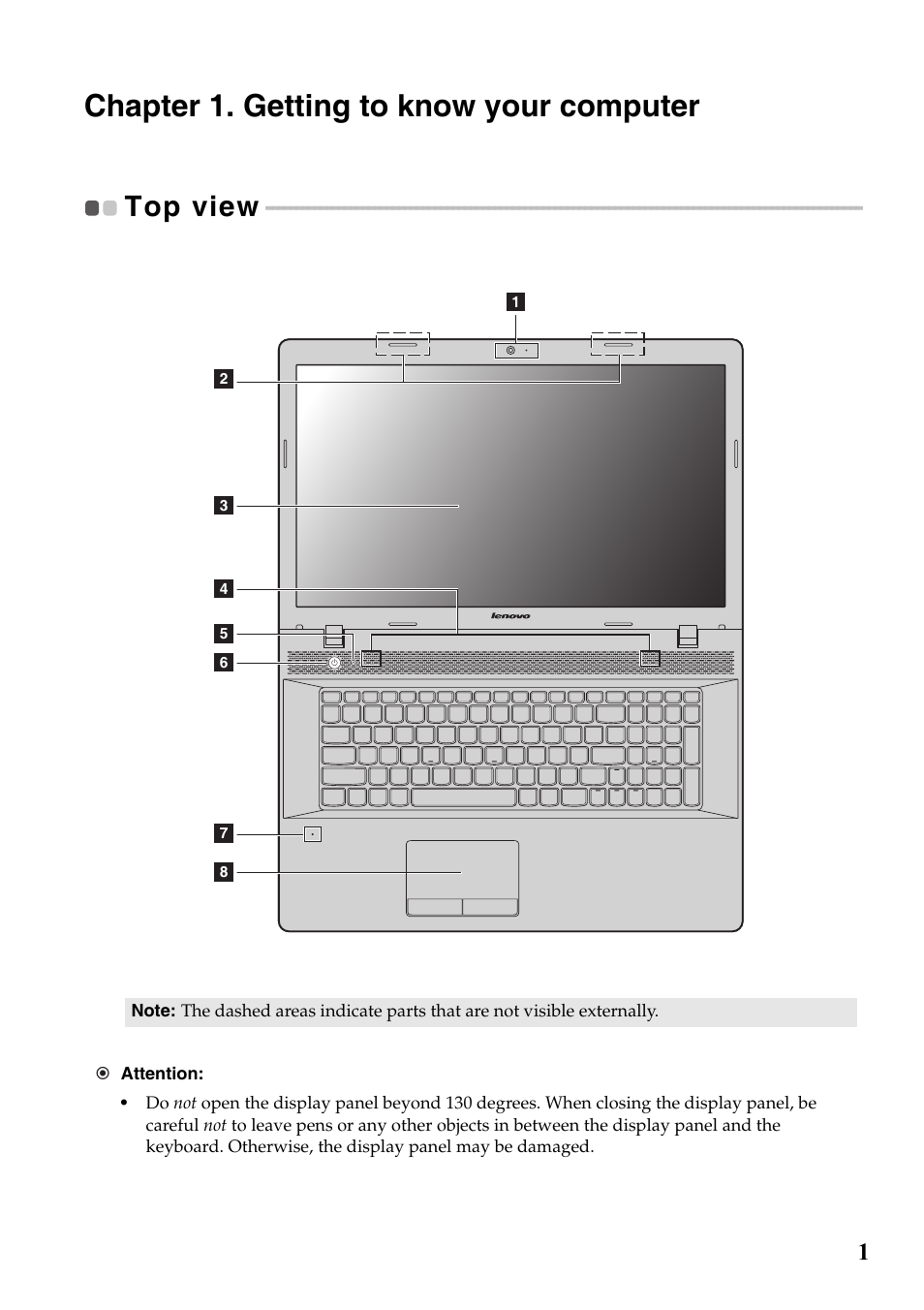 Chapter 1. getting to know your computer, Top view | Lenovo G700 Notebook User Manual | Page 5 / 45