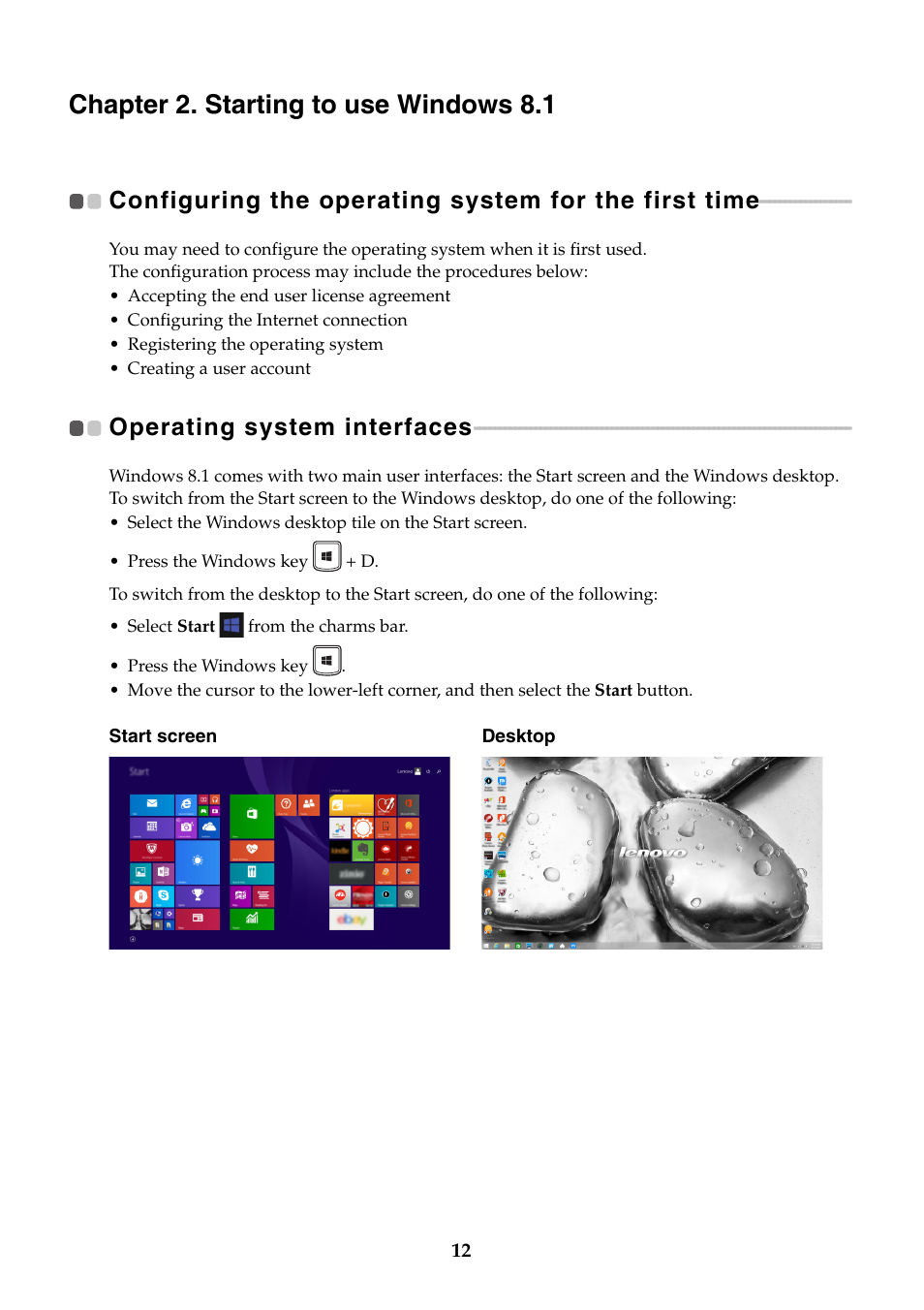 Chapter 2. starting to use windows 8.1, Operating system interfaces | Lenovo Y70-70 Touch Notebook User Manual | Page 16 / 31