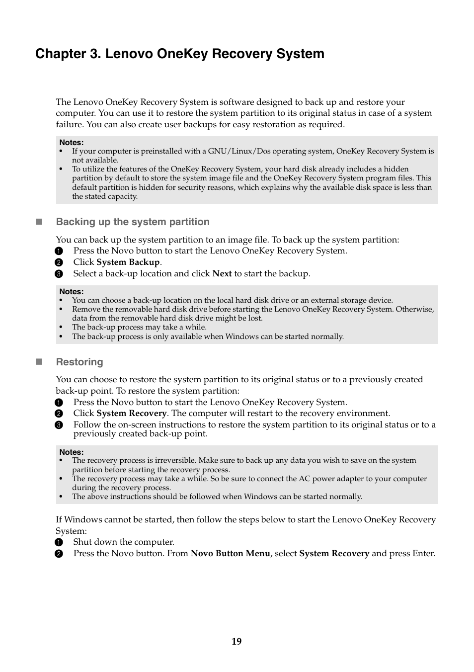 Chapter 3. lenovo onekey recovery system | Lenovo Y70-70 Touch Notebook User Manual | Page 23 / 31