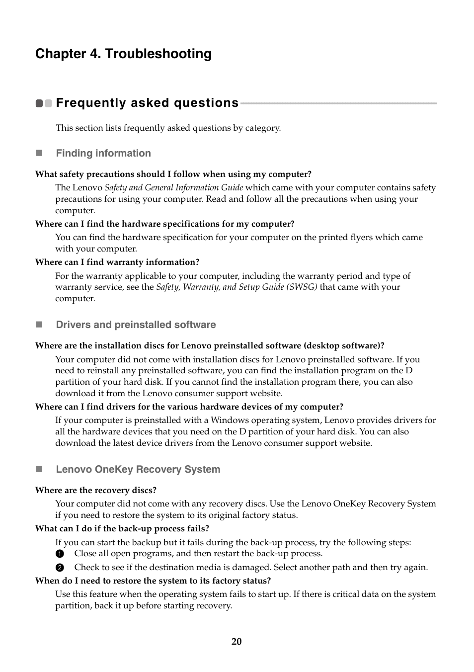 Chapter 4. troubleshooting, Frequently asked questions | Lenovo Y70-70 Touch Notebook User Manual | Page 24 / 31