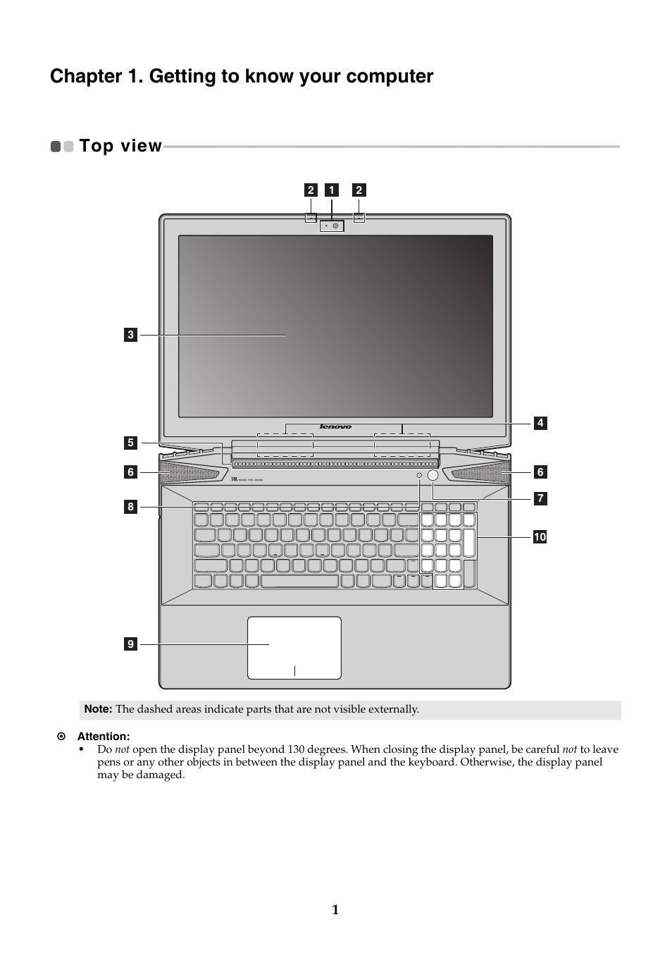 Chapter 1. getting to know your computer, Top view | Lenovo Y70-70 Touch Notebook User Manual | Page 5 / 31